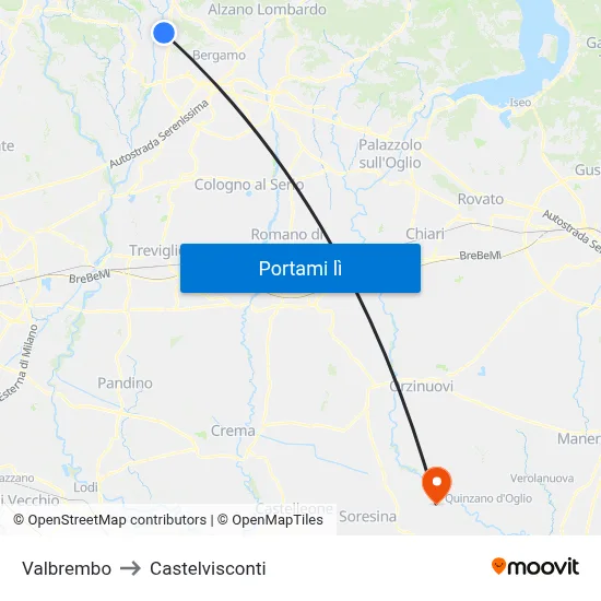 Valbrembo to Castelvisconti map