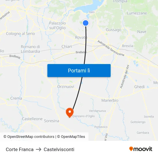 Corte Franca to Castelvisconti map