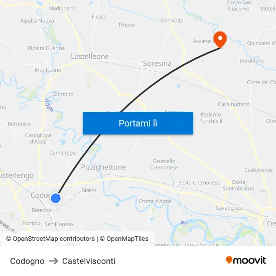 Codogno to Castelvisconti map