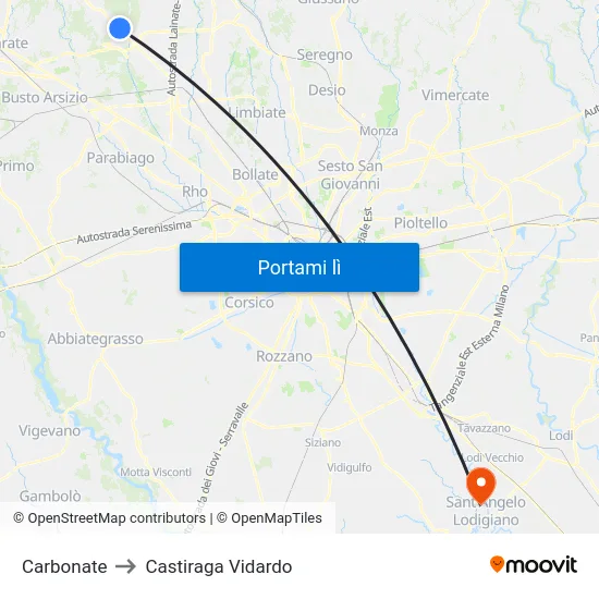 Carbonate to Castiraga Vidardo map