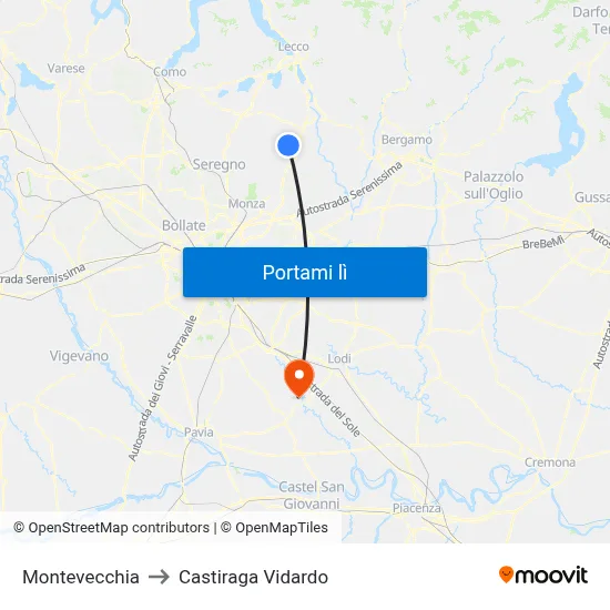 Montevecchia to Castiraga Vidardo map