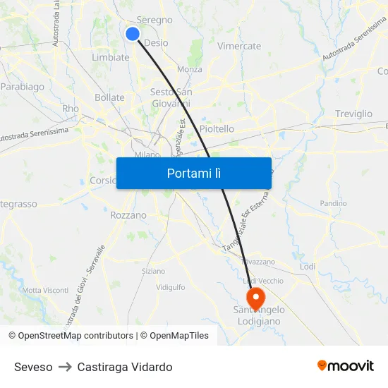 Seveso to Castiraga Vidardo map