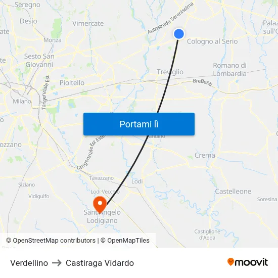 Verdellino to Castiraga Vidardo map