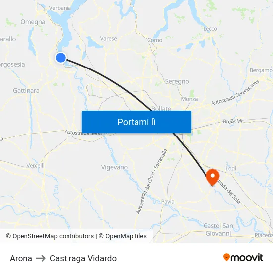 Arona to Castiraga Vidardo map