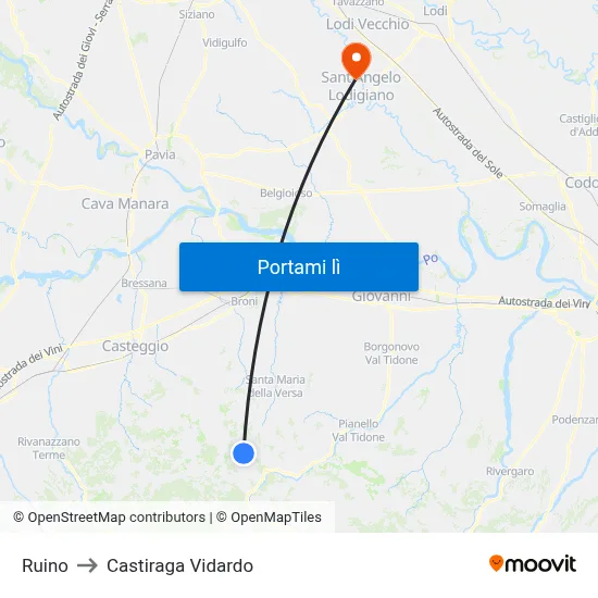 Ruino to Castiraga Vidardo map