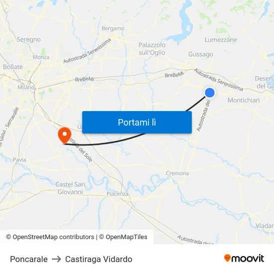 Poncarale to Castiraga Vidardo map