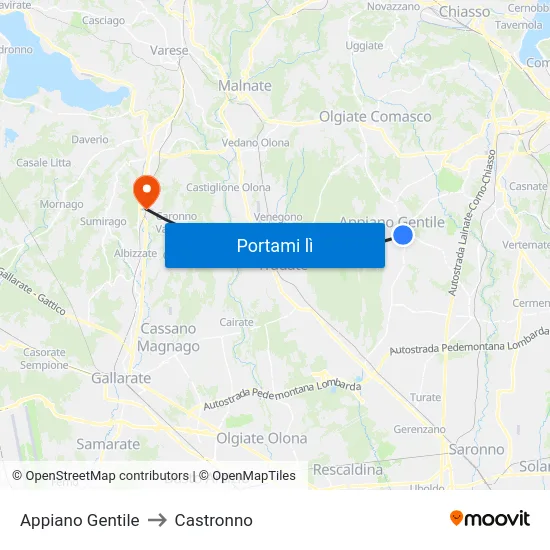 Appiano Gentile to Castronno map