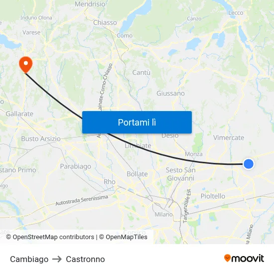 Cambiago to Castronno map