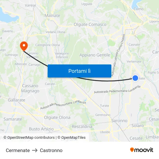 Cermenate to Castronno map