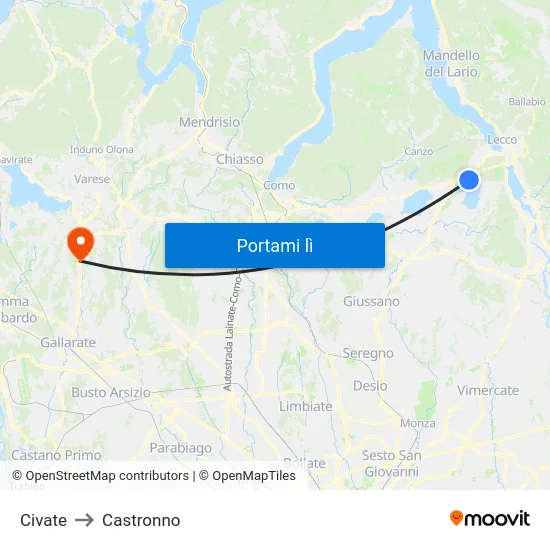 Civate to Castronno map