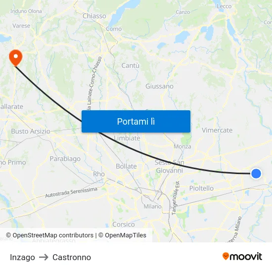 Inzago to Castronno map
