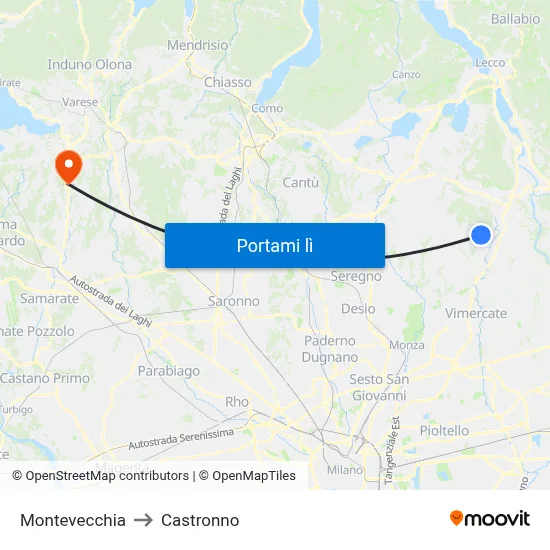Montevecchia to Castronno map