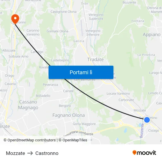 Mozzate to Castronno map