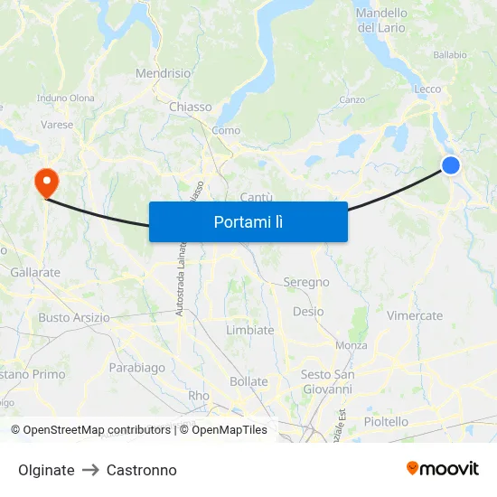 Olginate to Castronno map
