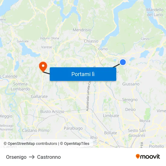Orsenigo to Castronno map