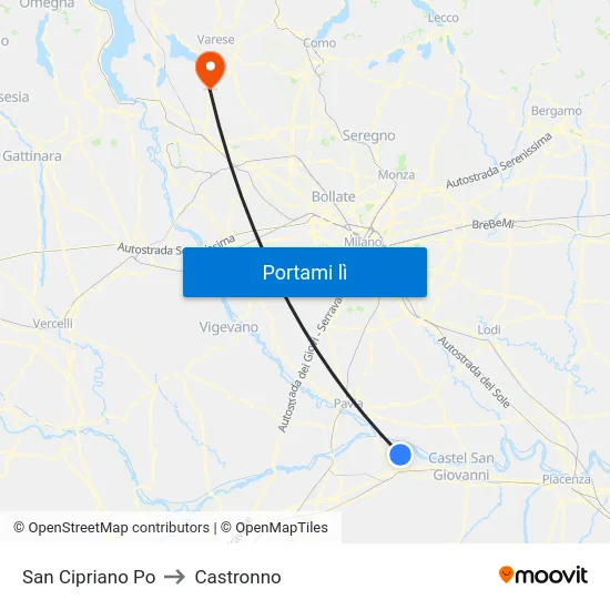 San Cipriano Po to Castronno map