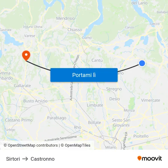 Sirtori to Castronno map