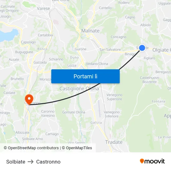 Solbiate to Castronno map