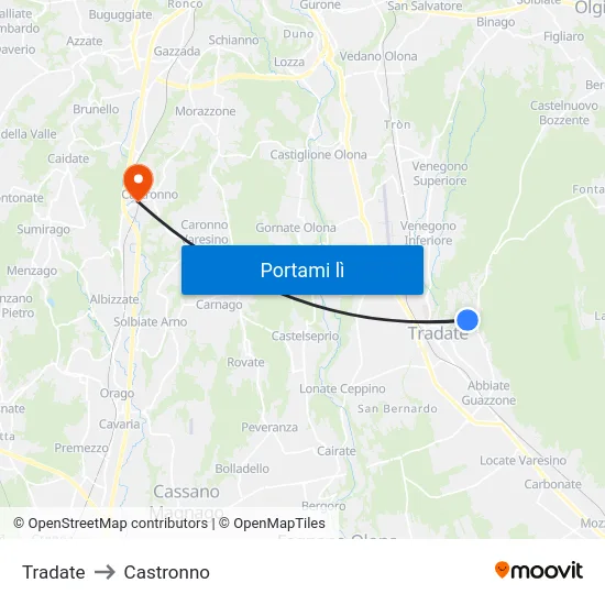 Tradate to Castronno map