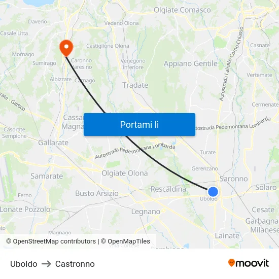 Uboldo to Castronno map