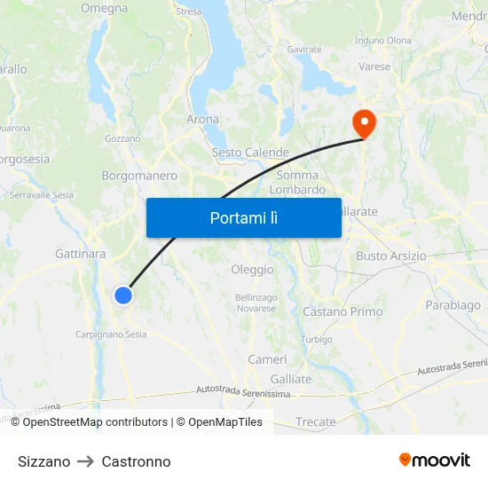 Sizzano to Castronno map