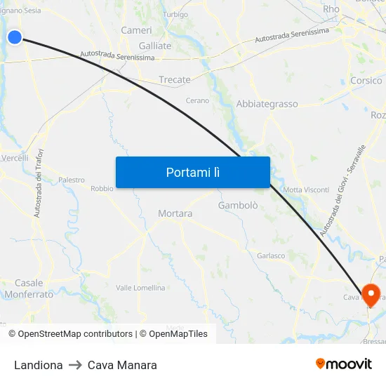 Landiona to Cava Manara map