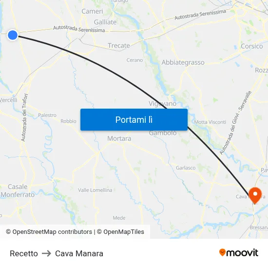 Recetto to Cava Manara map