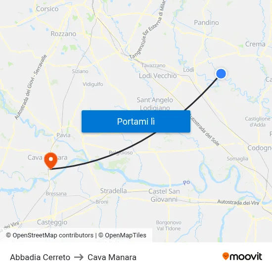 Abbadia Cerreto to Cava Manara map