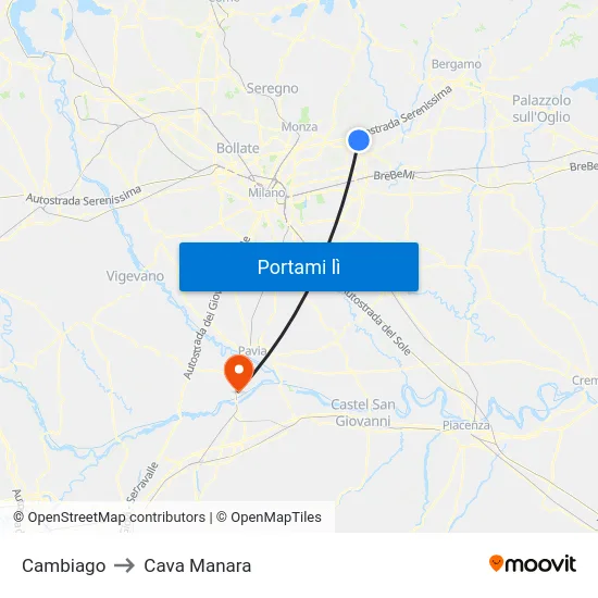 Cambiago to Cava Manara map