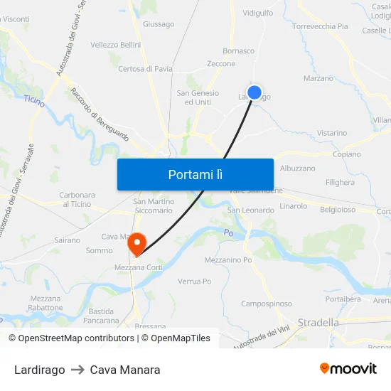 Lardirago to Cava Manara map