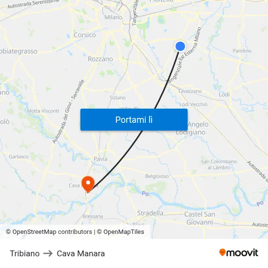 Tribiano to Cava Manara map