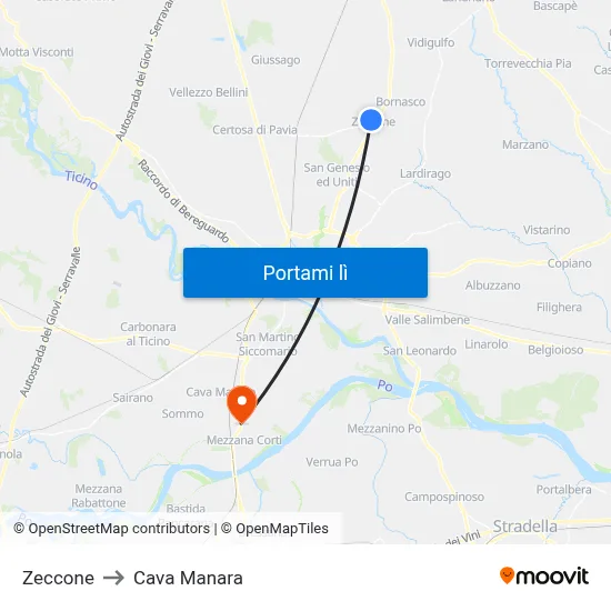 Zeccone to Cava Manara map