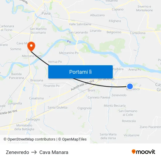 Zenevredo to Cava Manara map