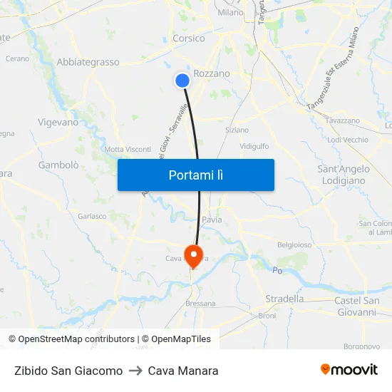 Zibido San Giacomo to Cava Manara map