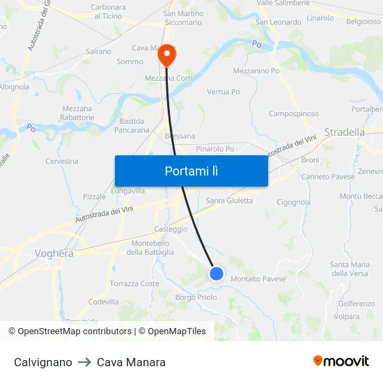 Calvignano to Cava Manara map