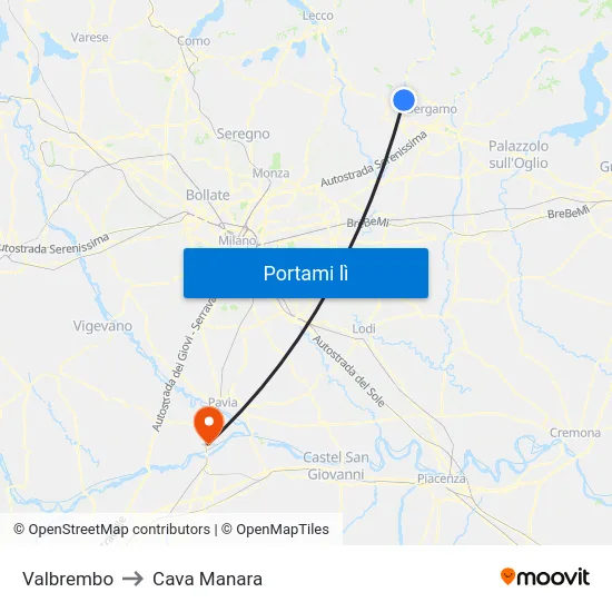 Valbrembo to Cava Manara map