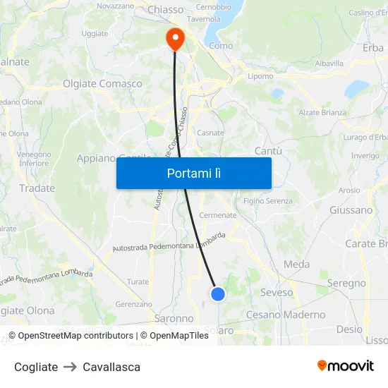 Cogliate to Cavallasca map