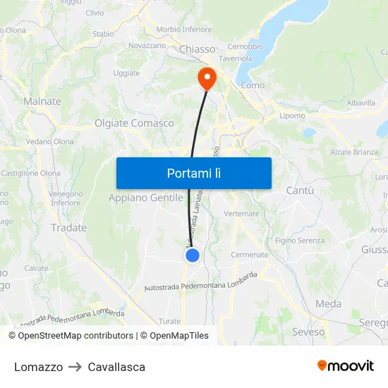 Lomazzo to Cavallasca map