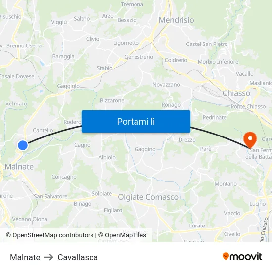 Malnate to Cavallasca map