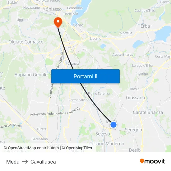 Meda to Cavallasca map