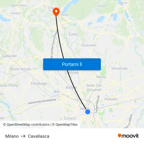 Milano to Cavallasca map