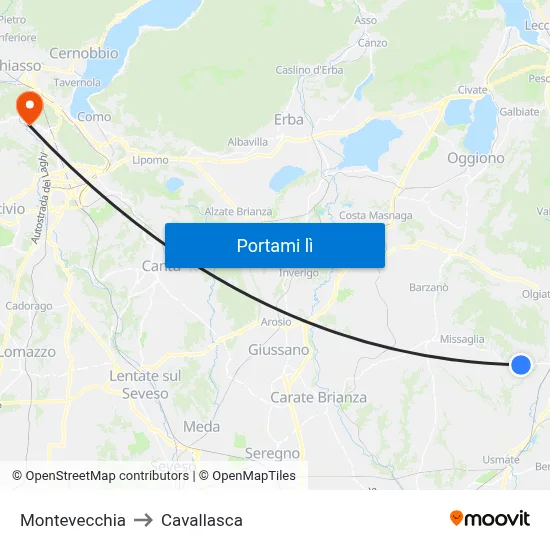 Montevecchia to Cavallasca map