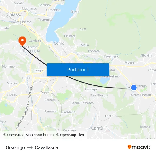 Orsenigo to Cavallasca map