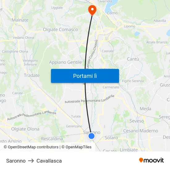 Saronno to Cavallasca map