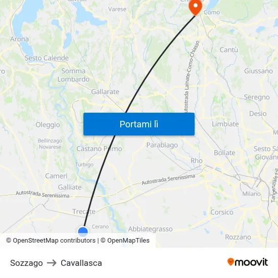 Sozzago to Cavallasca map