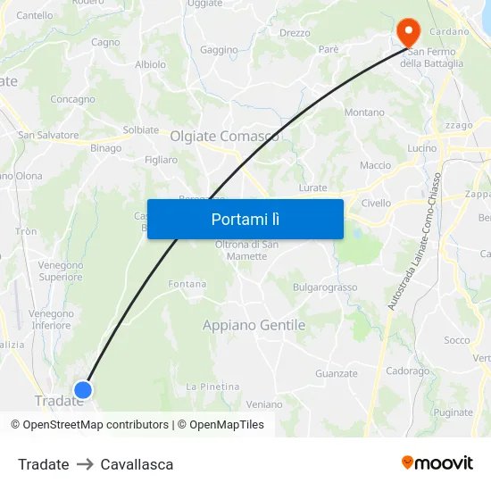 Tradate to Cavallasca map