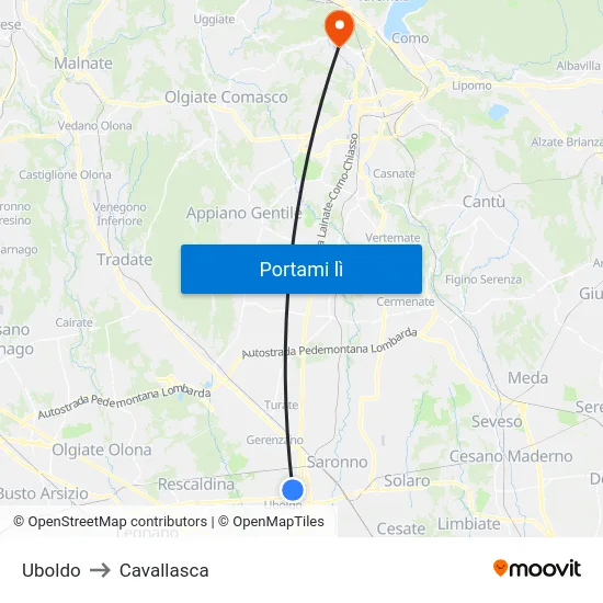 Uboldo to Cavallasca map