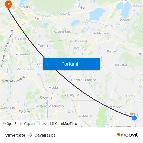 Vimercate to Cavallasca map