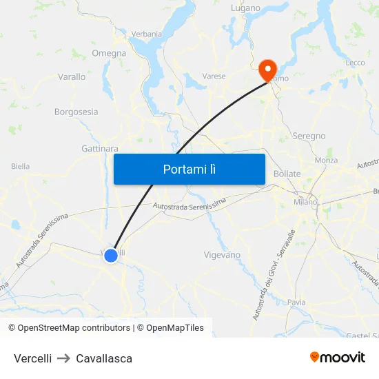 Vercelli to Cavallasca map