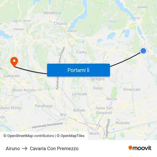 Airuno to Cavaria Con Premezzo map
